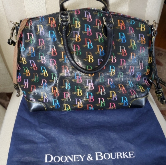❣️Dooney & Bourke Black Multicolor Logo Leather Satchel Bag w/Strap - Picture 2 of 8